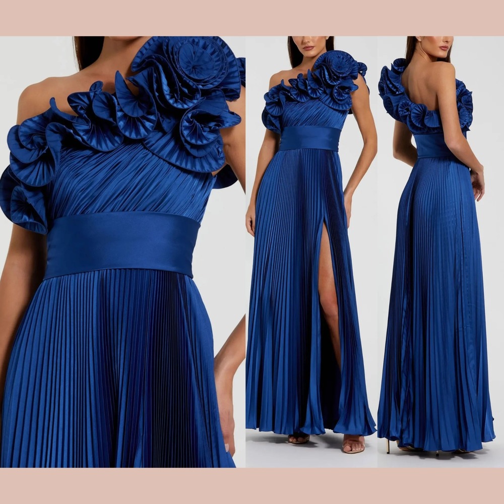 NWT MAC DUGGAL [ 14 ] 49902 Pleated Charmeuse One Shoulder Ruffle Gown Blu Q1303